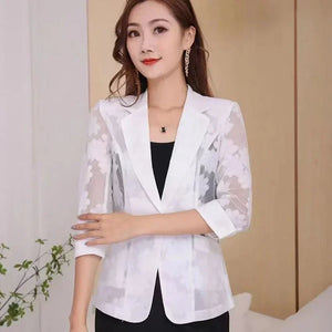 Women Blazer Jacket Thin Cardigan Sun Protection Clothing Hollow Lace Three-quarter Sleeve Suit Top Ladies