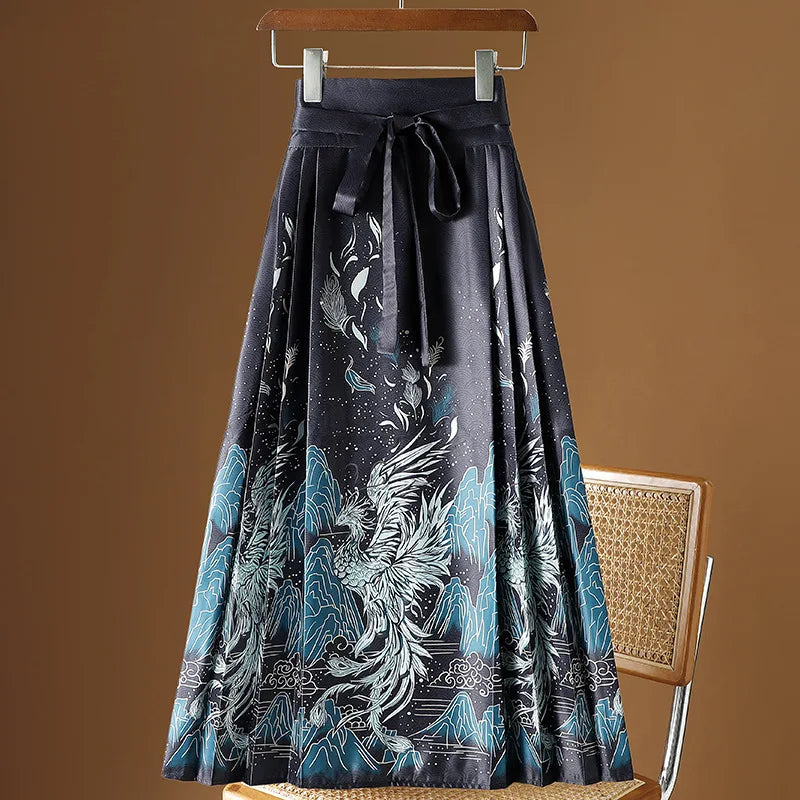 Vintage Maxi Chinese Style Horse Face Skirts  Pleated