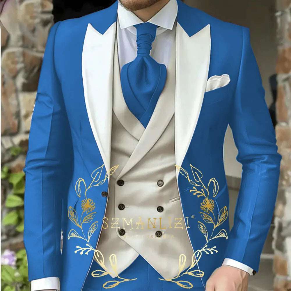 Classic Men's Suit 3 Piece Tuxedo Peaked Lapel Groomsmen Wedding Suits Set Fashion Men Business Blazer Pants Vest