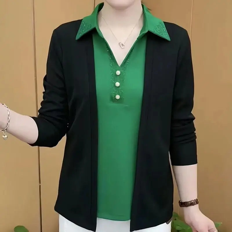 Office Fake Two Pieces Shirt Spring Autumn  Loose Long Sleeve Casual Blouse