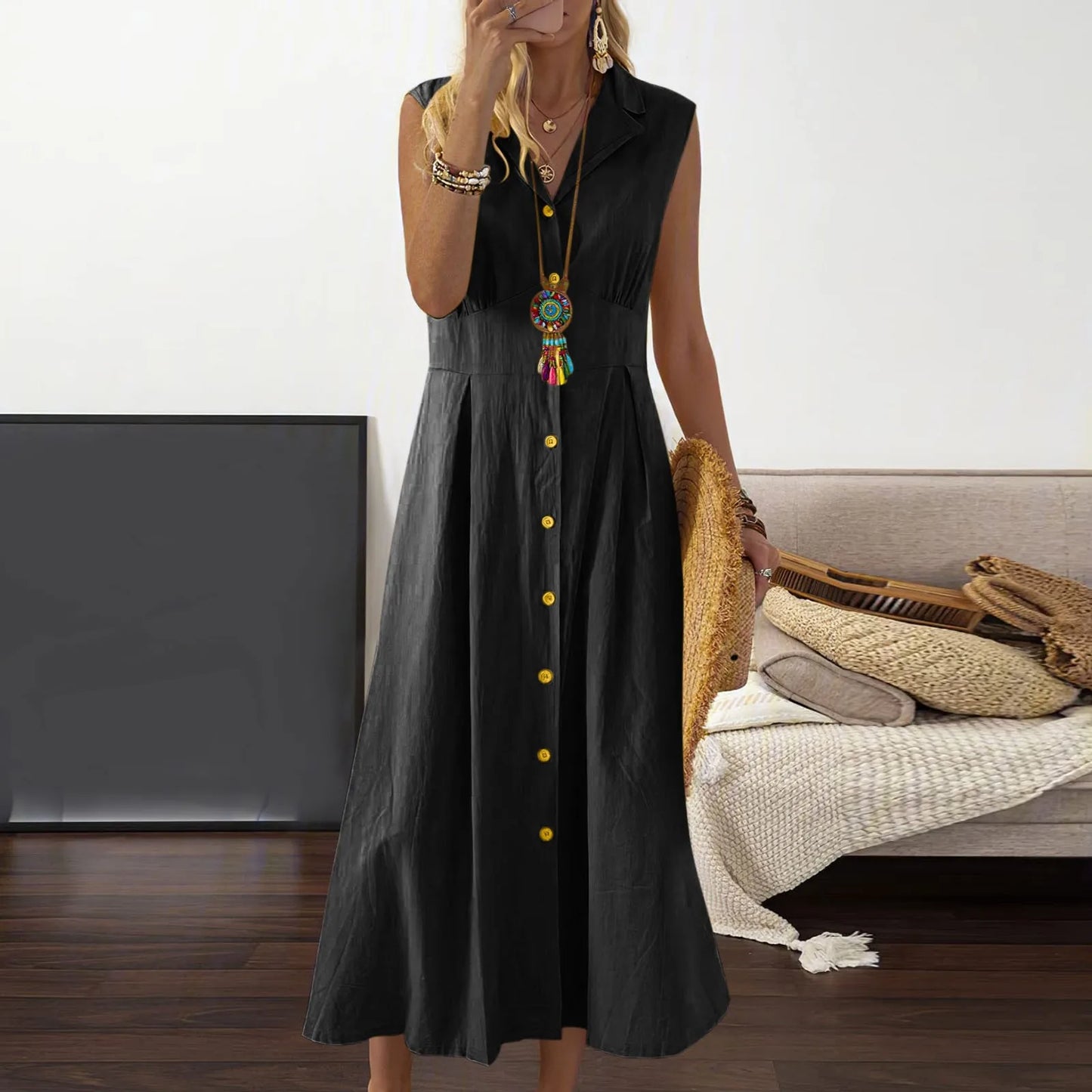 Casual Loose Sleeveless Shirt Dress Solid Color Button Cotton Linen Blend Dress Elegant Vacation Holiday Dresses