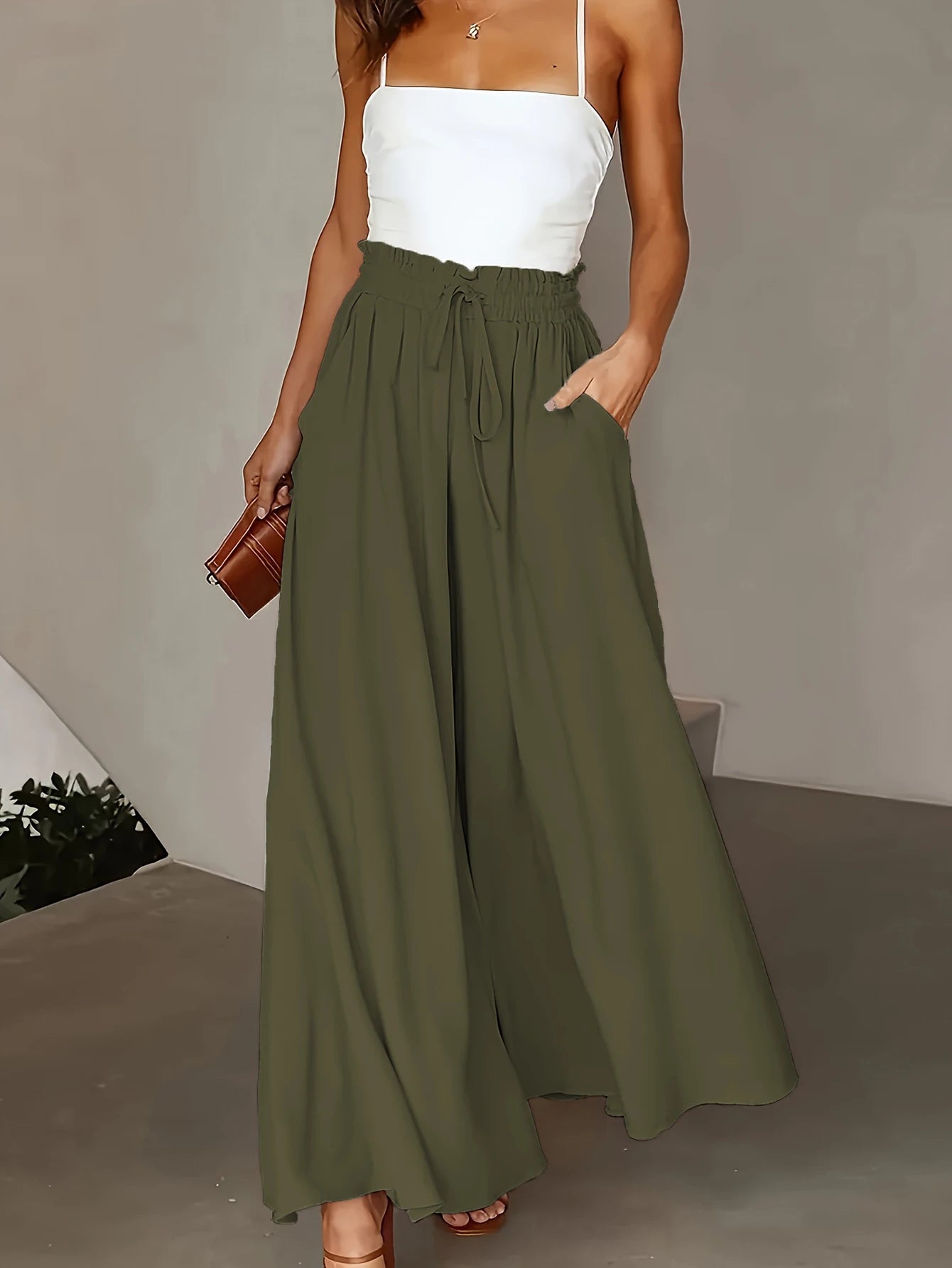 Plus Size Wide Leg Pants Comfortable Slight Stretch Fabric Elegant Solid Color Design Pocket Details Drawstring Elastic