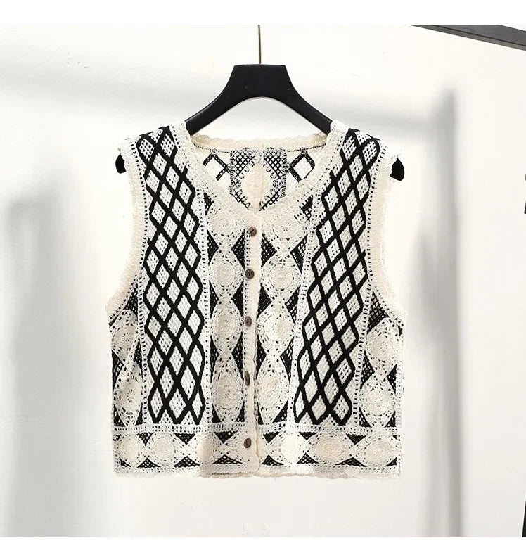 Sexy Hollow Out Knit Tank Tops Women Color block  V Neck Floral Camisole Female Beach Style Crop Top