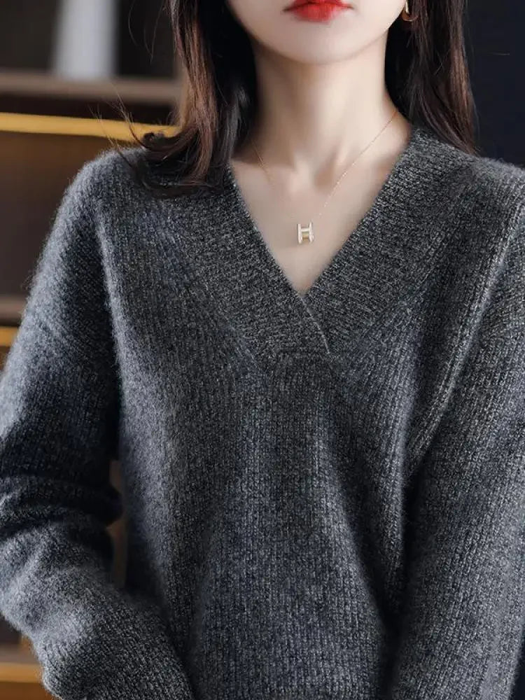 V-Neck Autumn Winter Sweater Pullovers Women's Loose Thick Cashmere Sweater Pullover Women Oversize Sweater Jumper