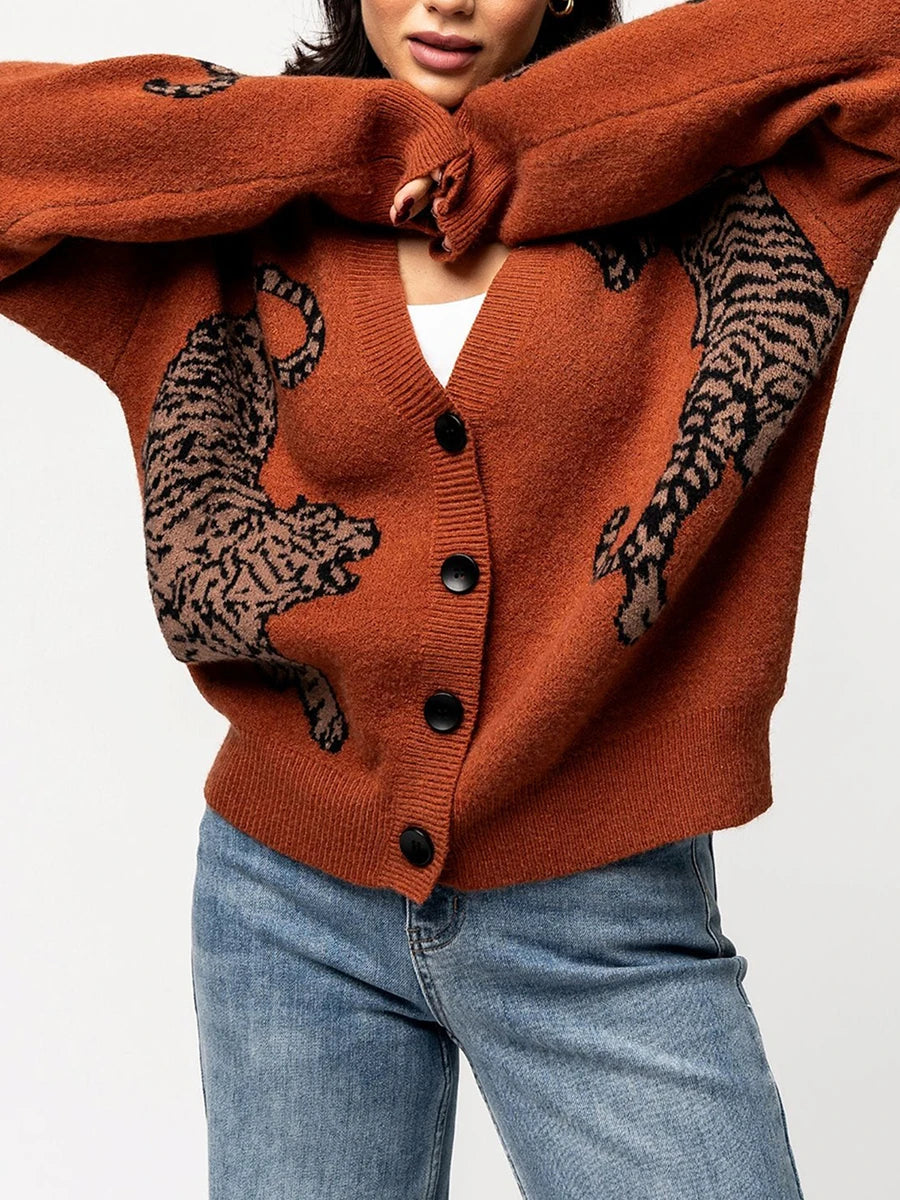 Women s Casual Lightweight Button Up Sweaters with Tiger Print Long Sleeves Warm Knitwear for Fall Streetwear Fashion