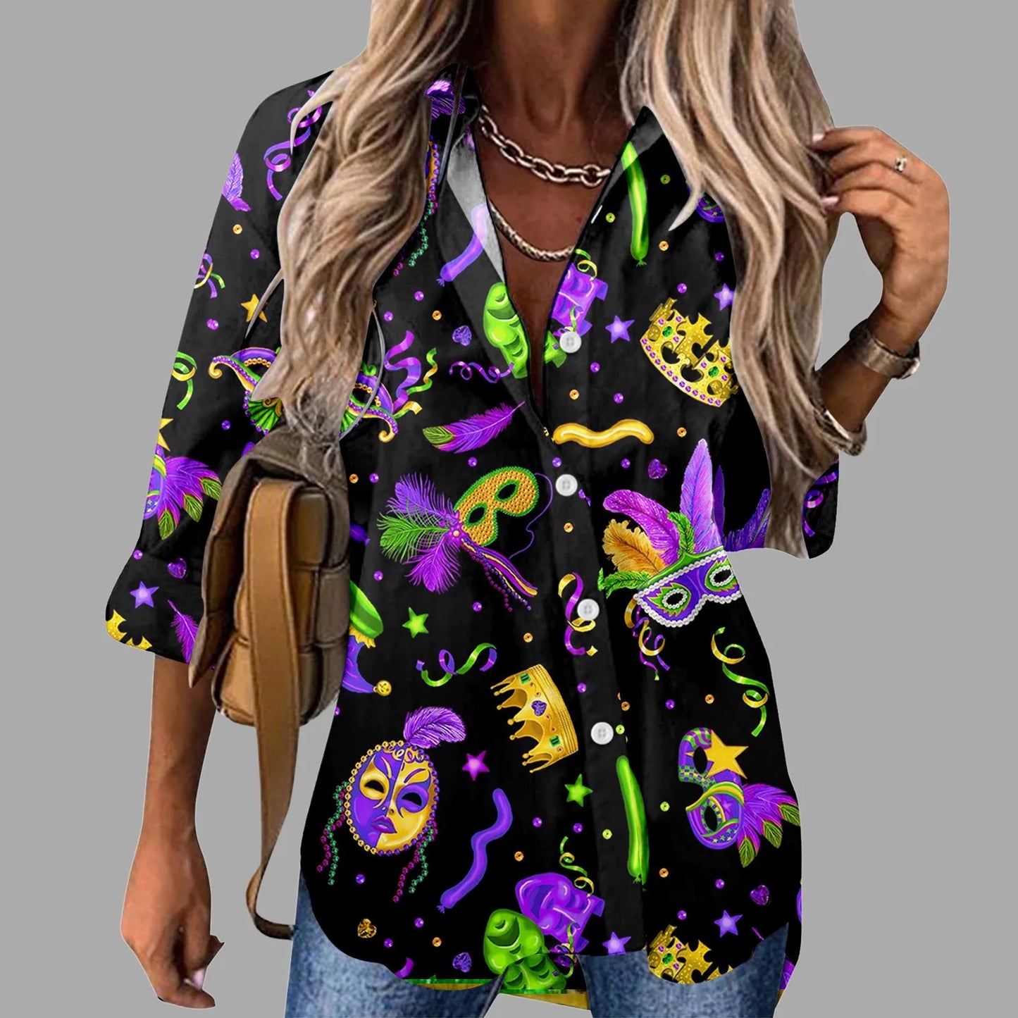 Mardi Gras Women V Neck Shirts Button Long Sleeve Carnival Print Tops Female Blouses Loose