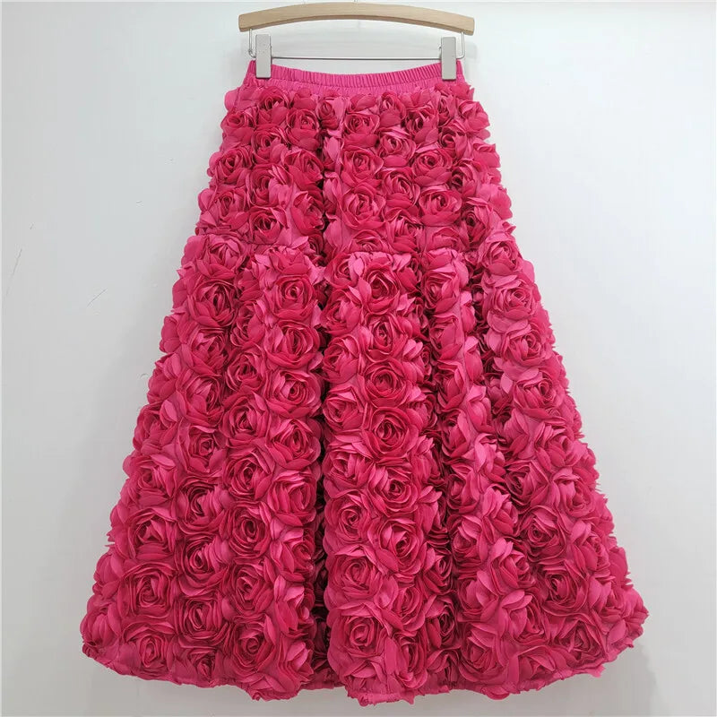 Three Dimensional Flower Mid-calf  High Waist Big Swing  A-line Skirt