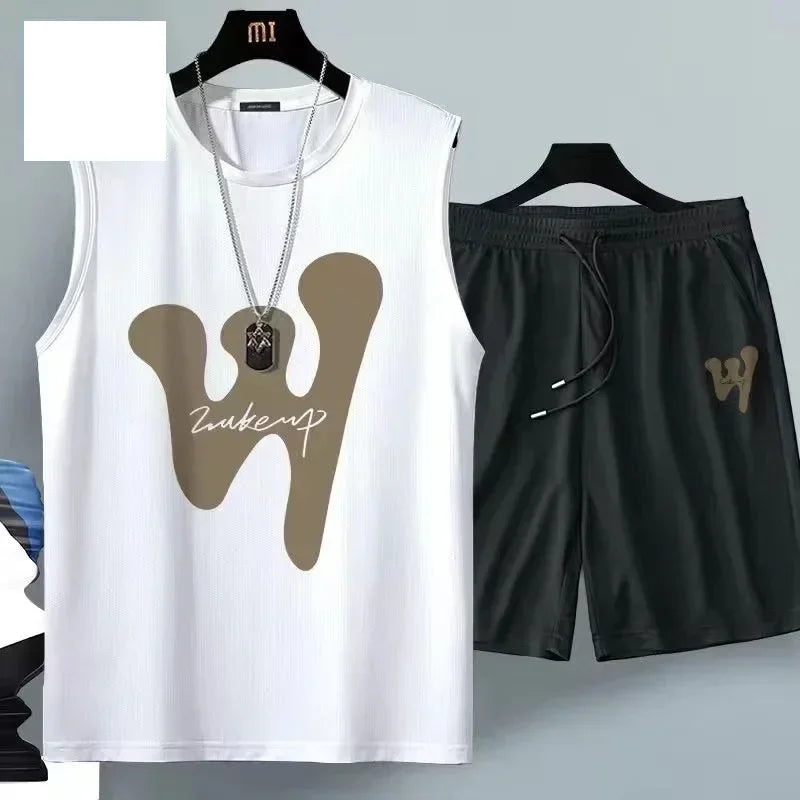 Summer Men Clothing  Breathable fashion Sportswear Basketball suit casual short-sleeved T-shirt + shorts 2-piece