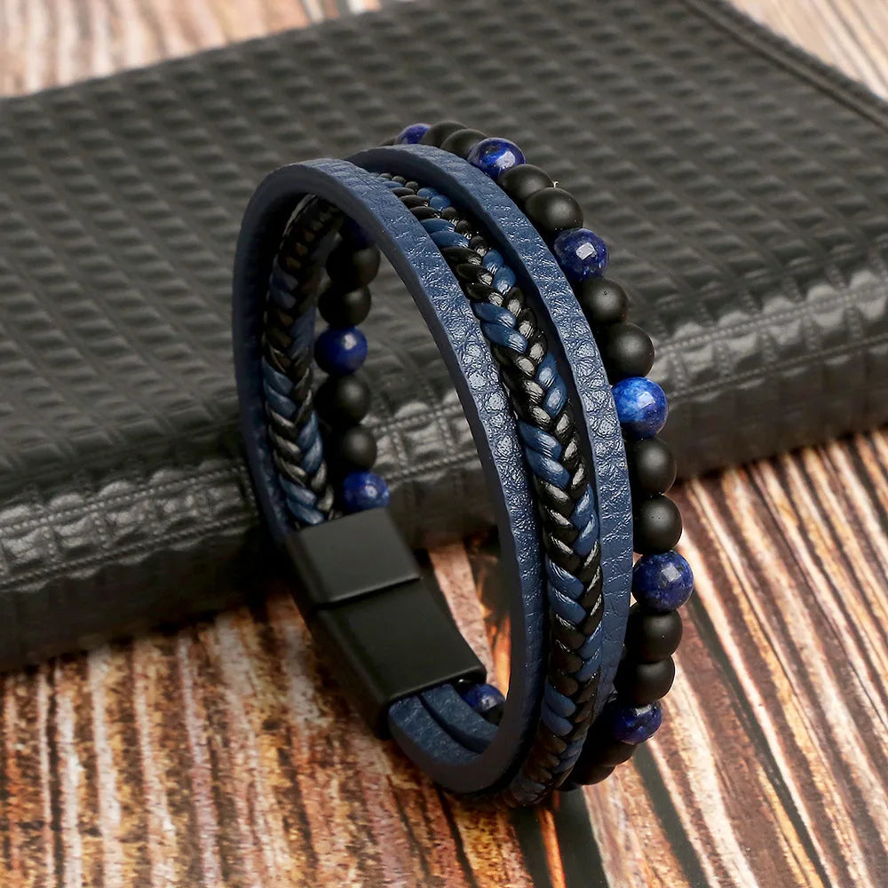 Hot Fashion Beads Leather Bracelet Men Classic Tiger Eye Beaded Multi Layer Leather Bracelet For Men Jewelry