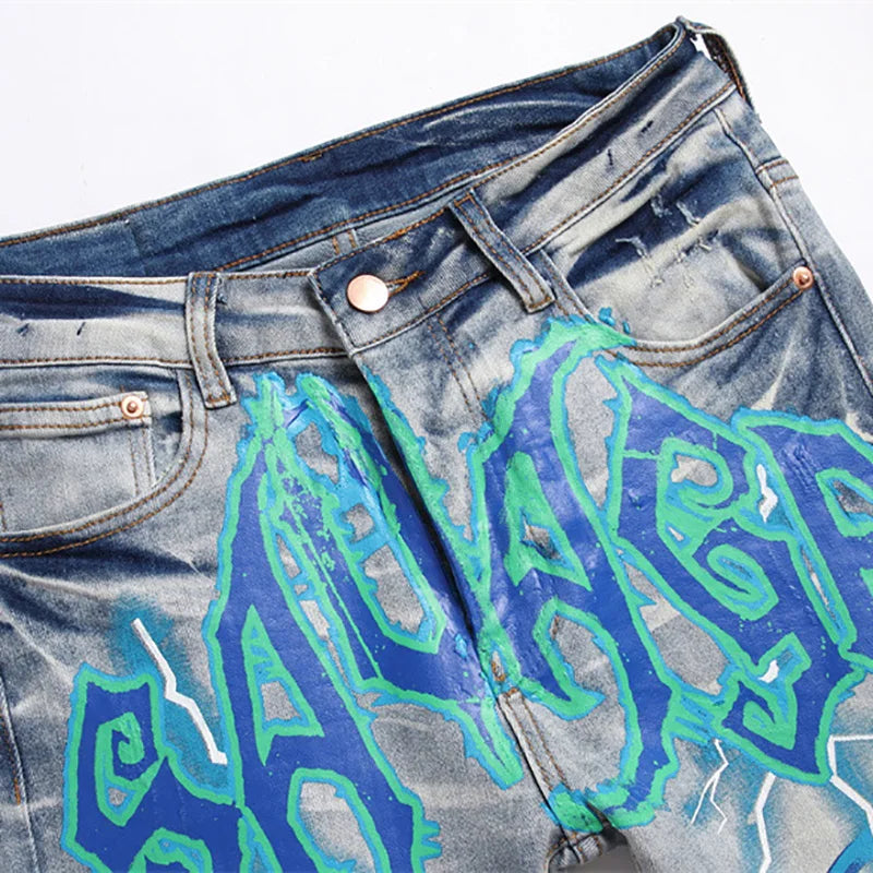 Print Jeans Streetwear Letters Lightning Painted Stretch Denim Pants Vintage Blue Ripped Button Fly Slim Tapered Trousers