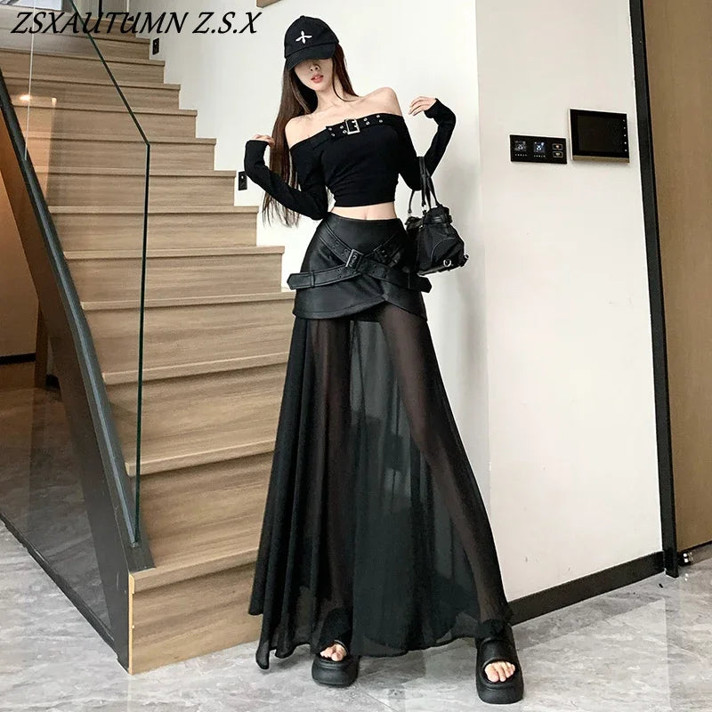 Black Leather Skirt Mesh Stitching Leather