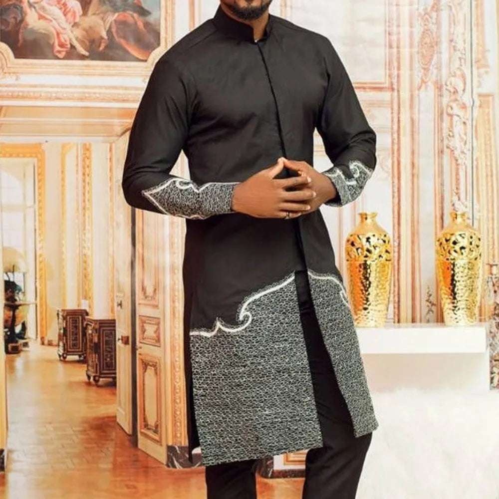Men's  Wedding 2-Piece Suit Waist Pants Shirt Solid Color Panel Long Sleeve Party African Ethnic Style Clothing