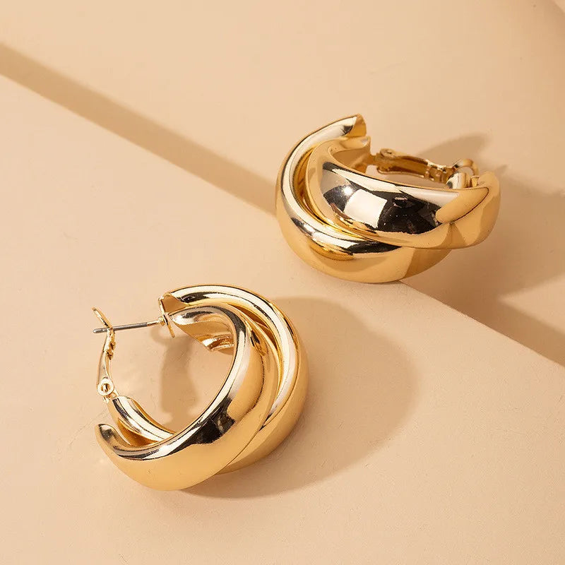 Stainless Steel Chunky Hoop Earrings for Women Gold Color Double Ring Thick Geometric Drop Earrings Statement Jewelry