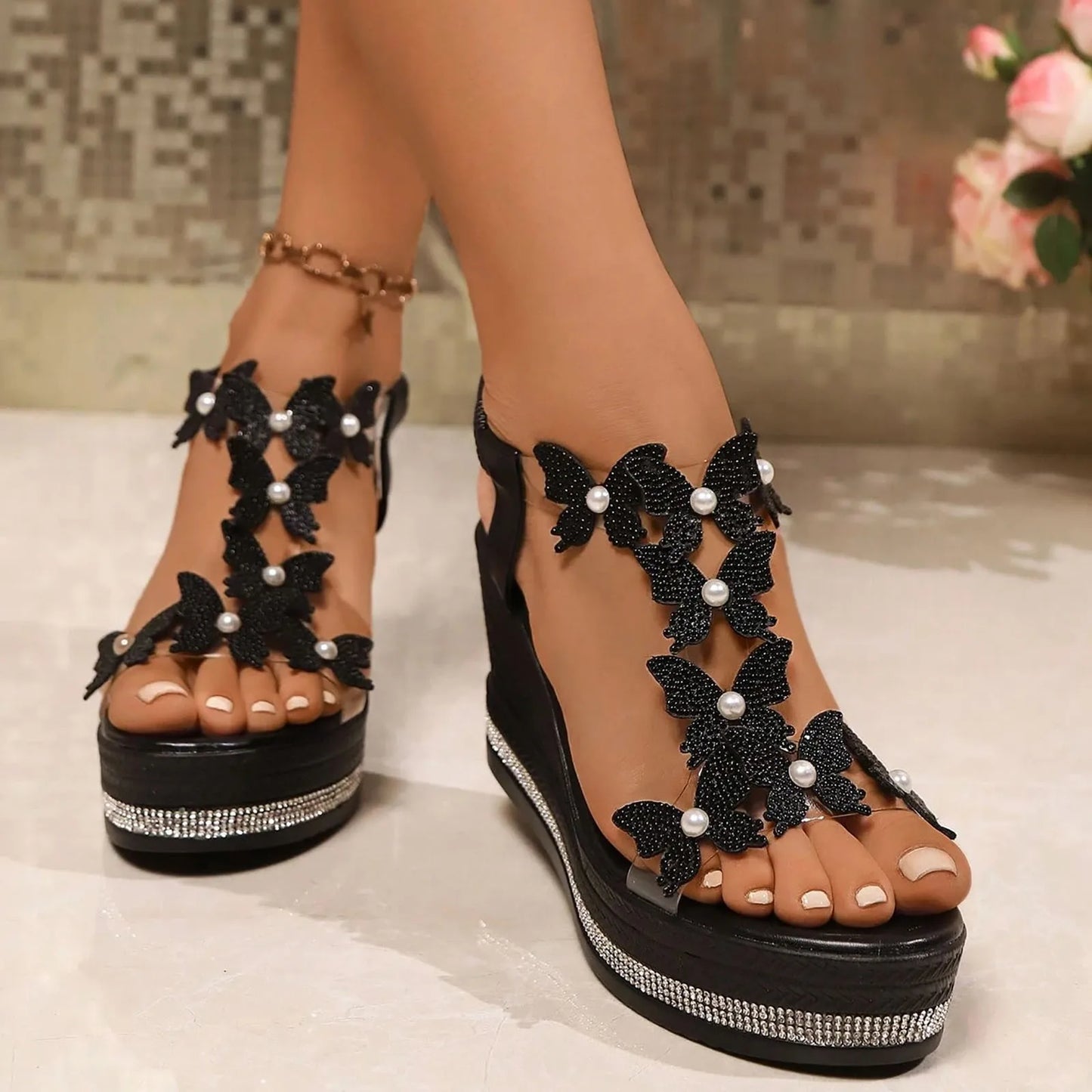 Women's High Wedge Sandals Platform Fashionable Butterfly Decoration Rhinestones Popular Among Toe Sandals For Women
