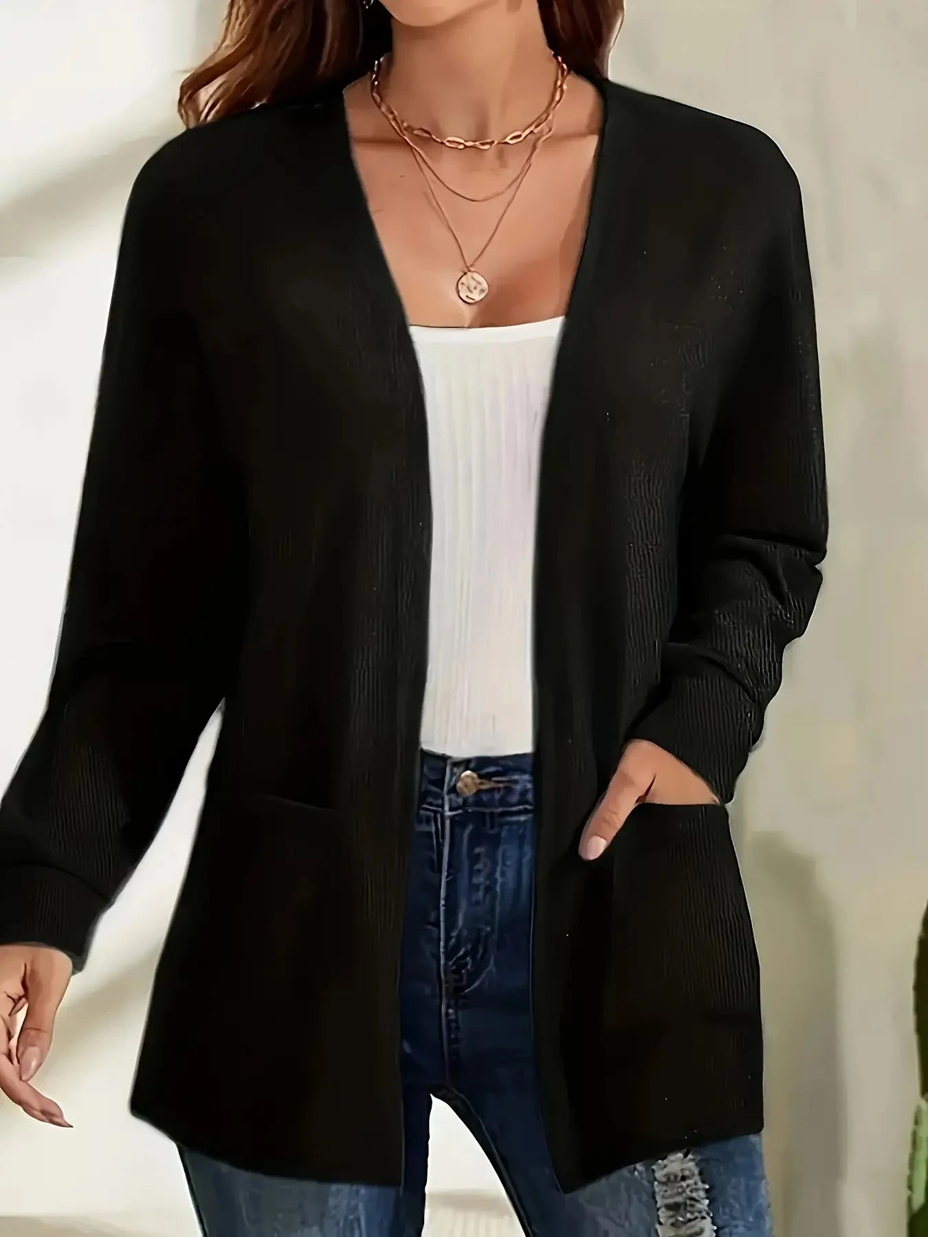 European and American foreign trade thin fashion solid color pocket thin knitted women's buttonless cardigan