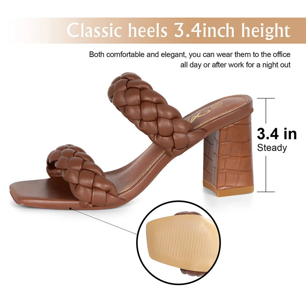 Elegant Braided Heels Fashion Strappy Square Sandals Open Toe Backless Mules Slip On Block Heeled Shoes