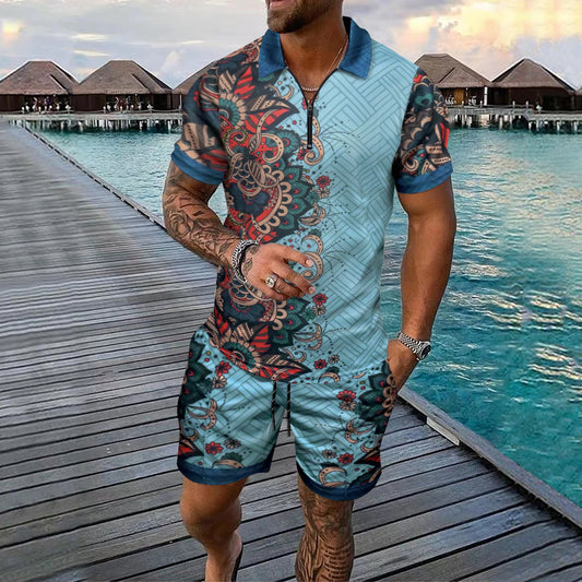 European And American  Summer Men's Loose Fashion Print Casual mixed Short-sleeved T-shirt And Shorts Set