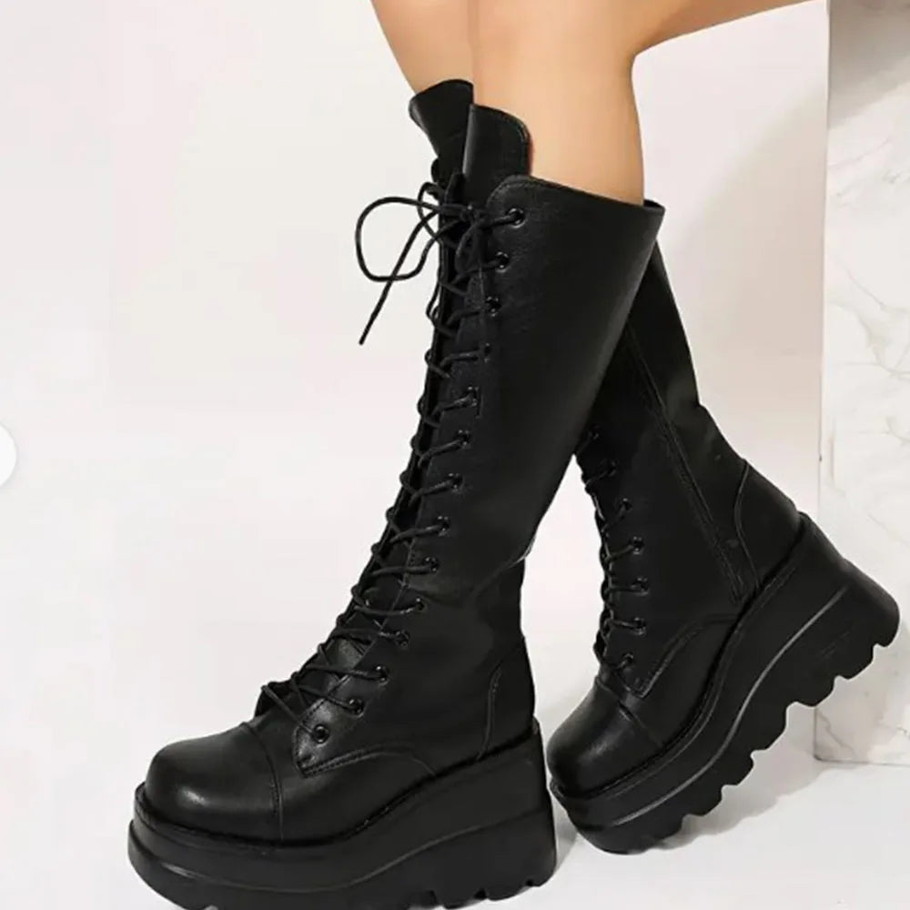 Gothic Fashion Round Toe Side Zipper Lace Up  Mid Calf Boots