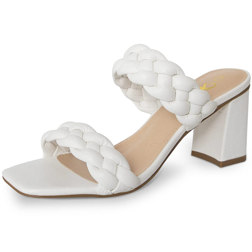 Elegant Braided Heels Fashion Strappy Square Sandals Open Toe Backless Mules Slip On Block Heeled Shoes