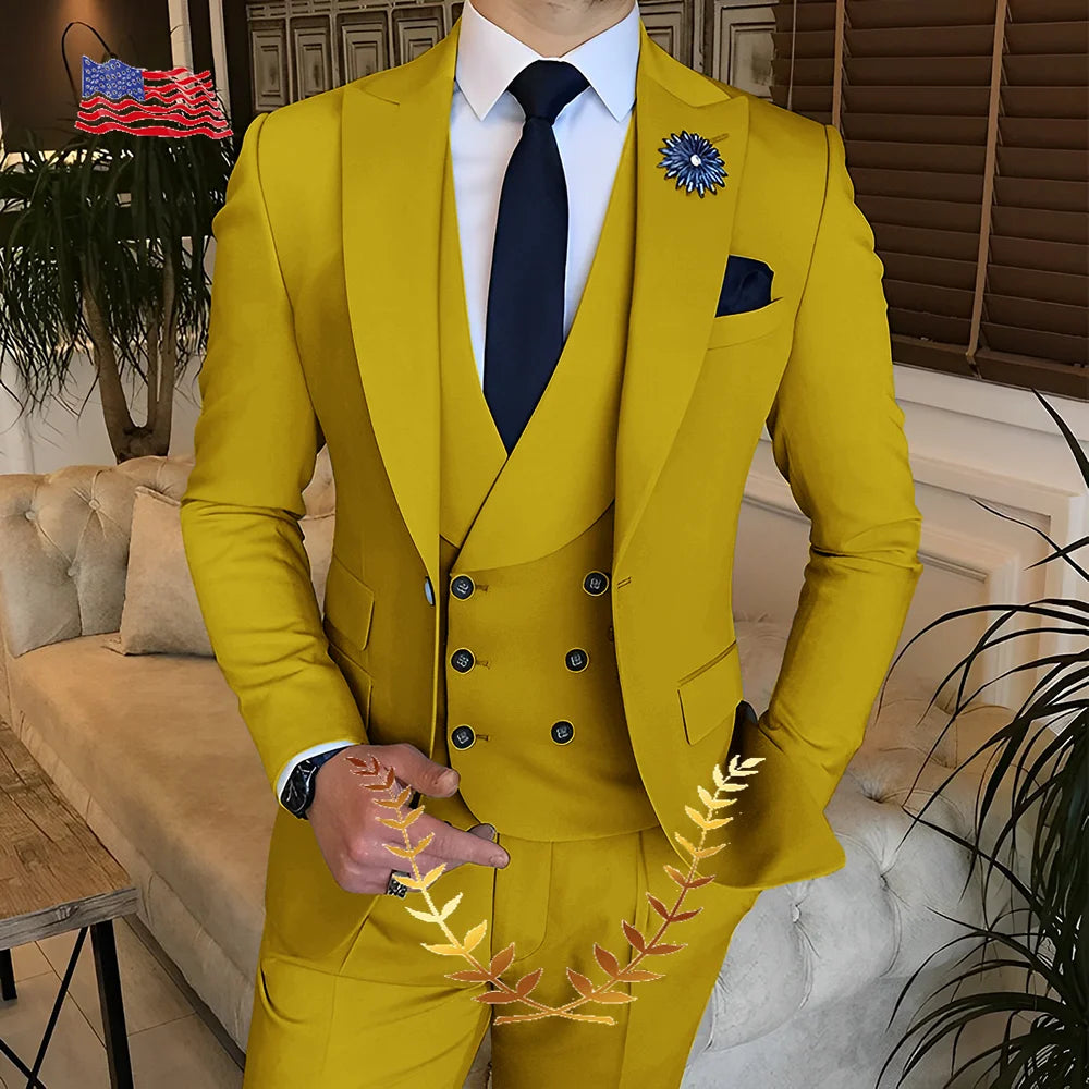 Men's Suit Jacket Pants Vest 3-piece Set Slim Fit Handsome Men Blazer for Party
