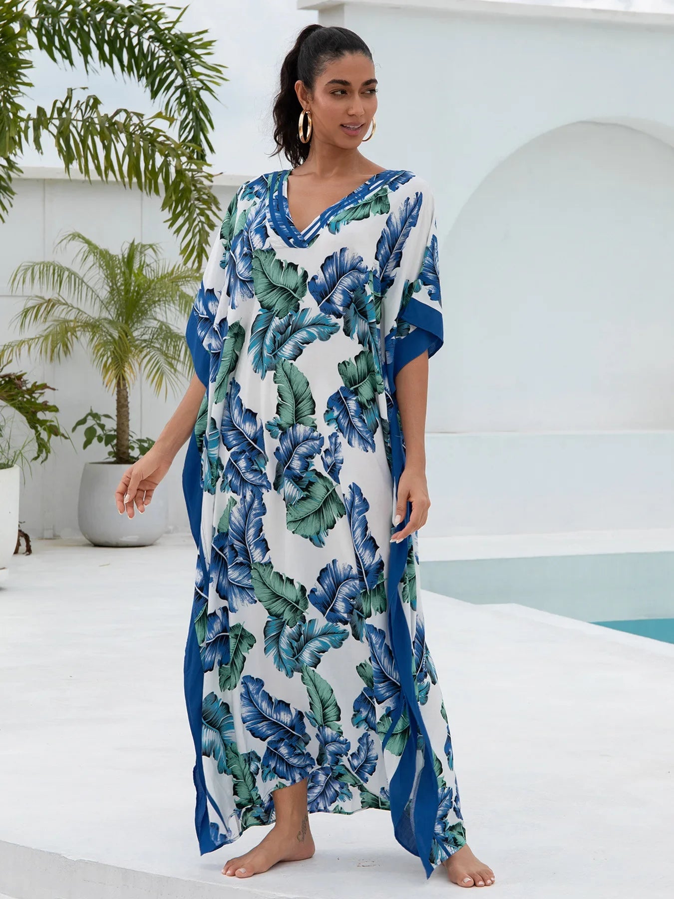 Blue Leaf Print Women Loose Fitting Long Robe Beach Vacation V-neck Sunscreen Clothing