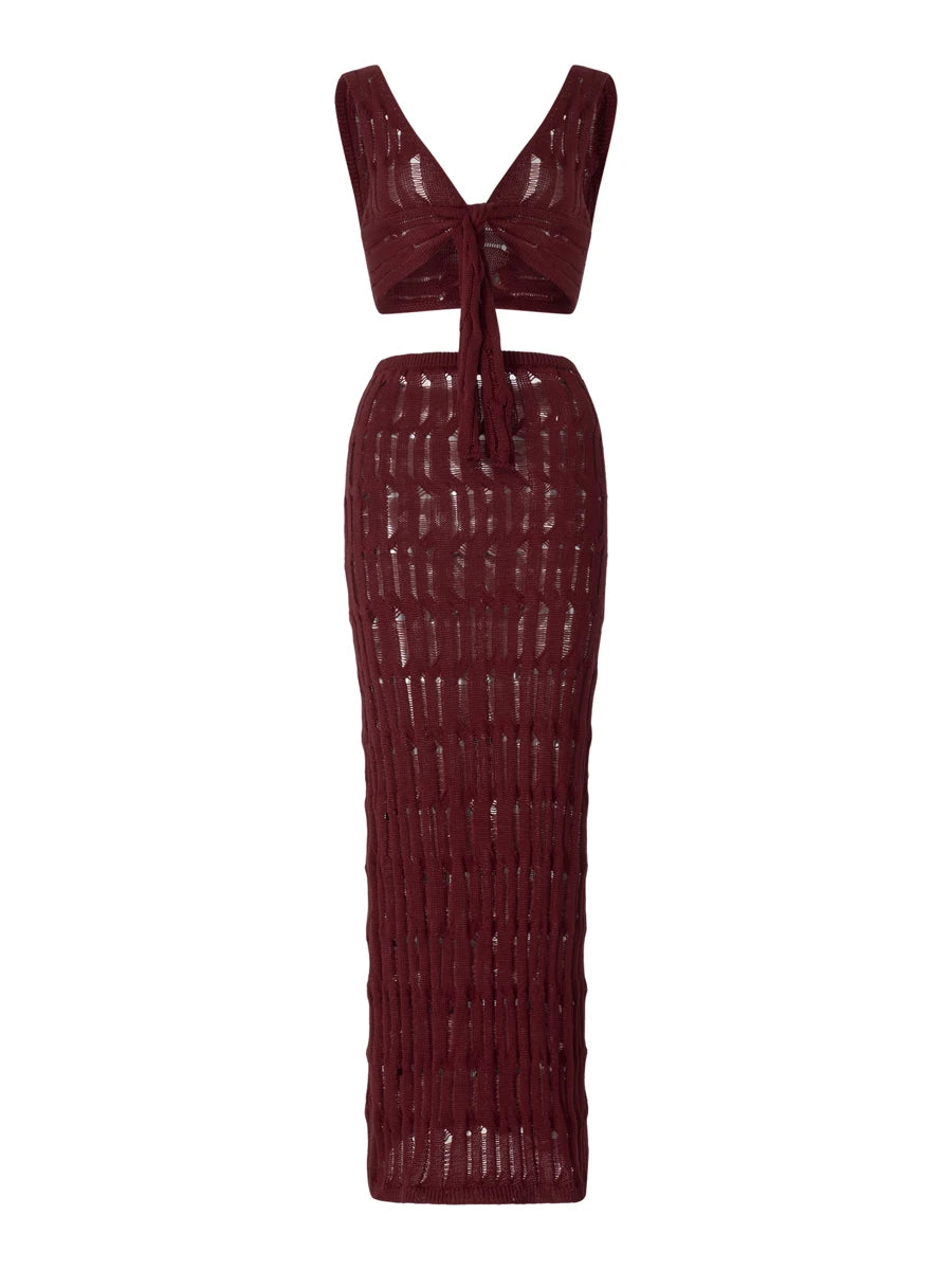 Women Summer Outfits Solid Color Sheer Bandage Knit Tank Tops and Elastic Low Waist Long Skirt Set