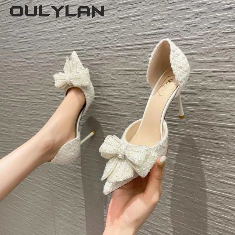 Fashion Pearl Crystal Bowtie Shoes  Designer High Heels Pumps Ladies Thin Heeled Party Shoes