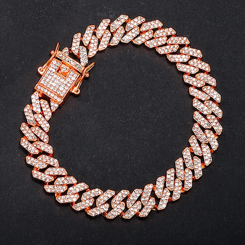14MM 2 Row Rhinestone Paved Miami Rhombus Cuban Chain Men Women Prong Cuban Link Chain Bracelet Iced Out men Jewelry