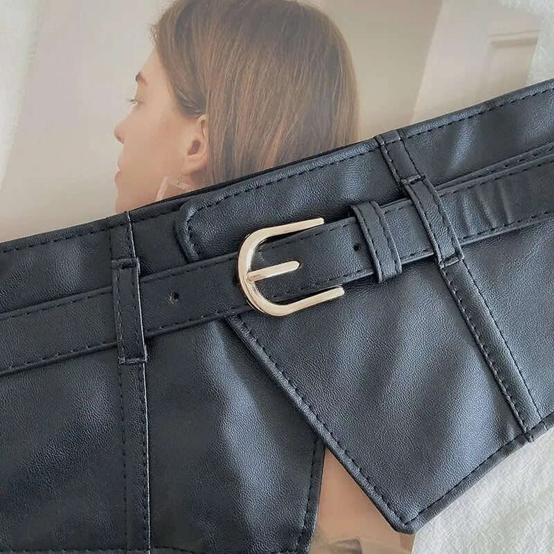 Classic Pin Buckle Wide Belts Black Elastic PU Waistband Trendy Corset Waspie Belt Classic Dress Girdle For Women