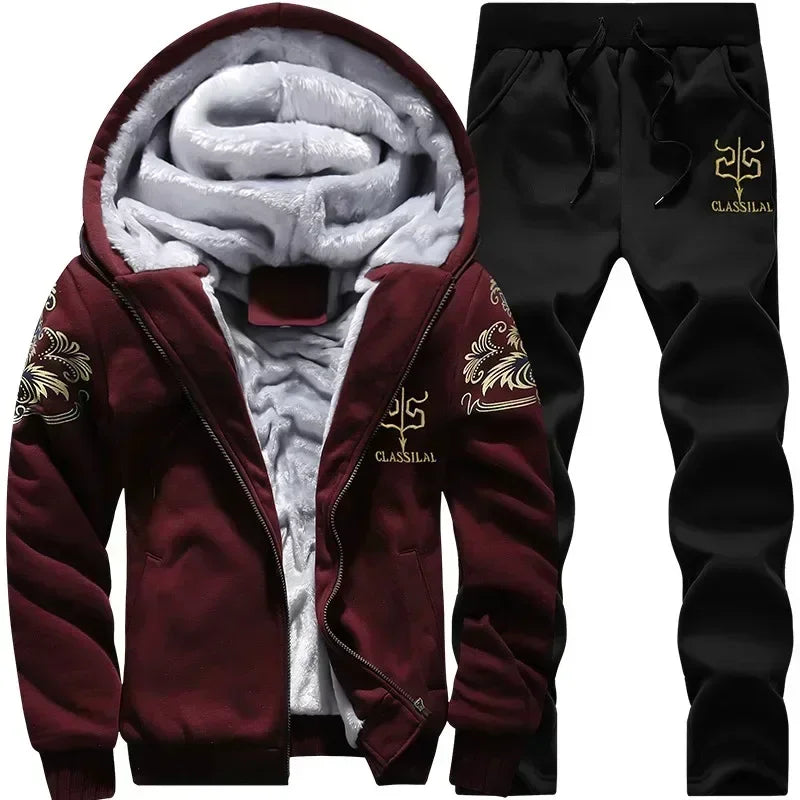Thick Men Sports Suit Tracksuit Hooded Sportswear Zipper Cardigan Hooded Woolen Trousers Pants Casual Men Set