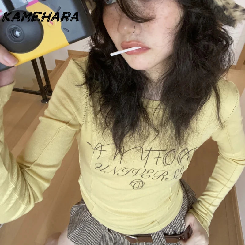 Retro Long Sleeve Spring  Lemon Yellow Round Neck Letter T-shirt