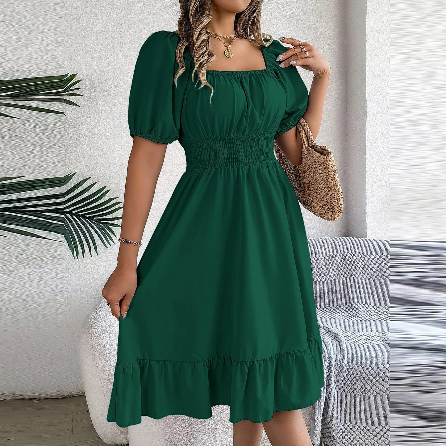 Elegant Women Spring Summer Dress Square Neck Puff Sleeve A Line  Square Neck Tie Waist Ruched Casual Solid Midi Dress