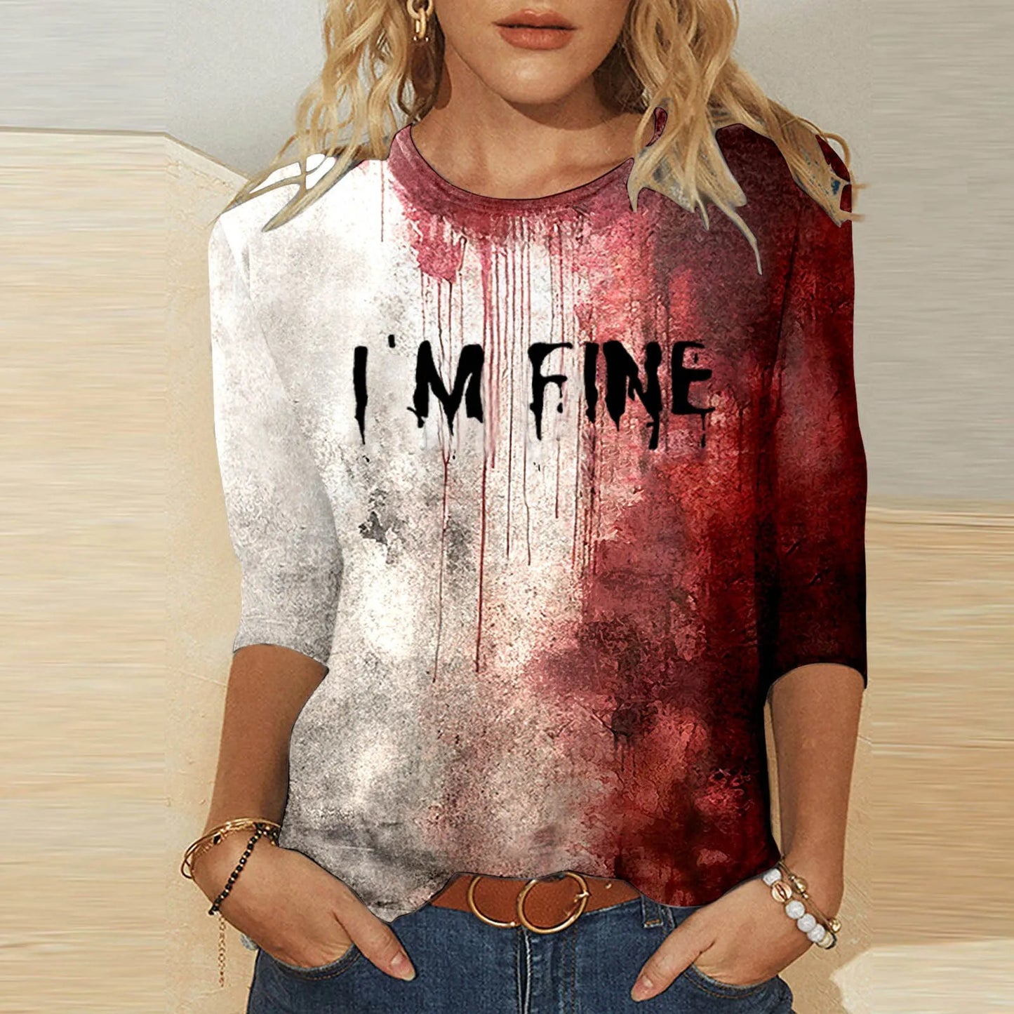 Bloody Fonts T-Shirt Halloween Ladies Printed Long Sleeve Crew Neck T Shirt Top Distressed
