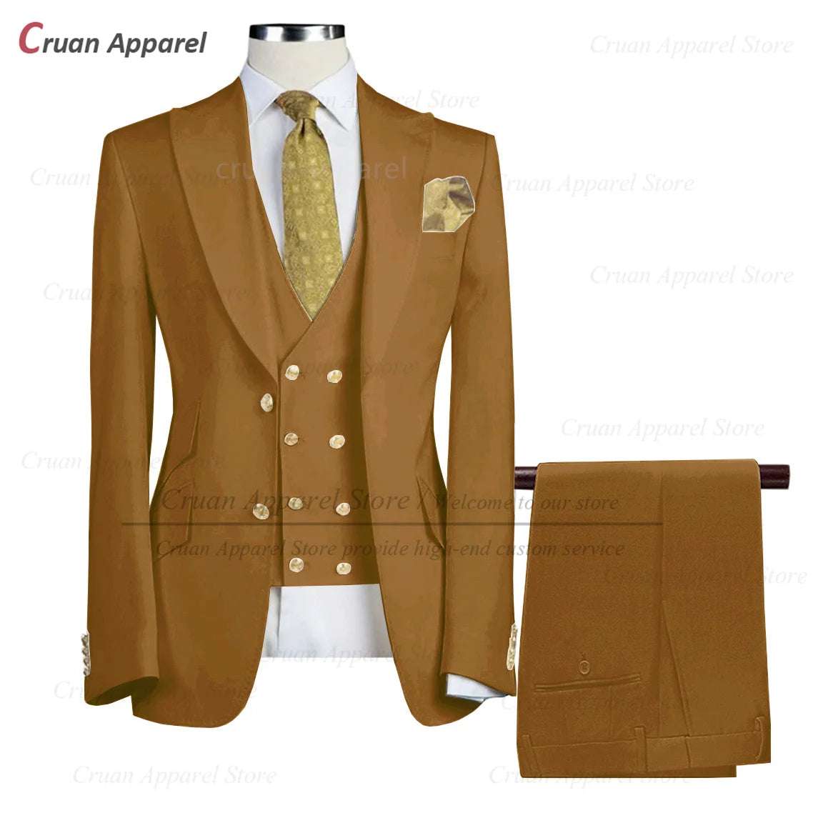 Tailor-made Brand Suits for Men Slim fit Prom Wedding Groom Tuxedo Set Party Gold Buttons Blazer Vest Pants 3 Pieces