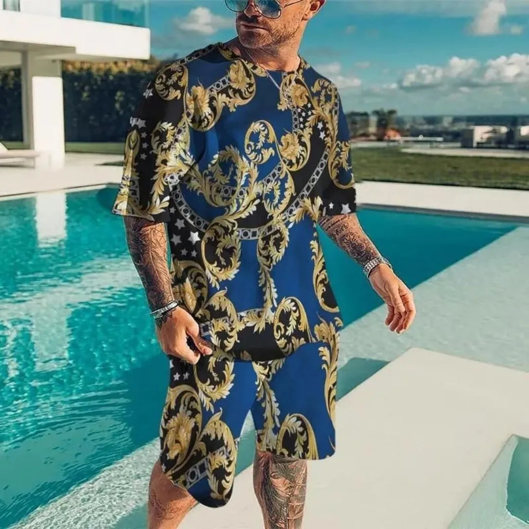 Summer Men's Luxury Pattern Sportswear 3D Printed Short Sleeve T-shirt Set Fashionable Casual Men's T-shirt Two Piece