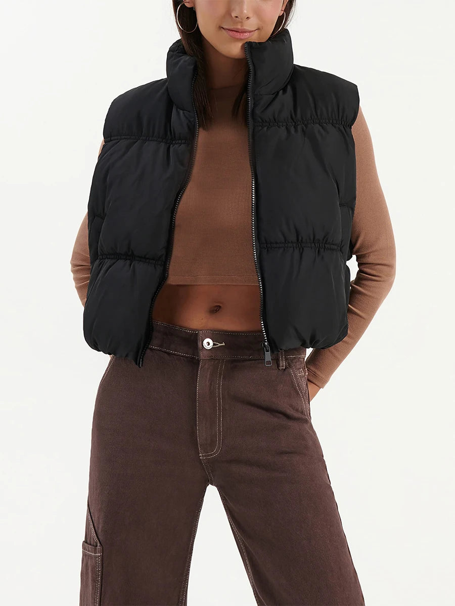 Quilted Waistcoat Solid Color Lightweight Zip Stand Collar Winter Vest Sleeveless Jacket