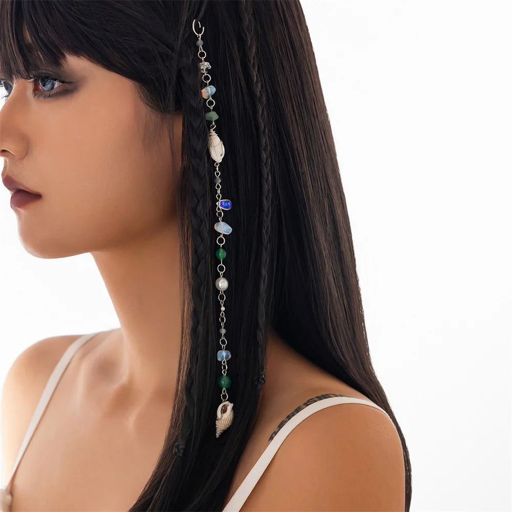 Long Chain Stone Beaded Alloy Braid Hair Ring Dreadlock Hair Ring for Women Conch Pendant Hair Jewelry for Braids Gifts