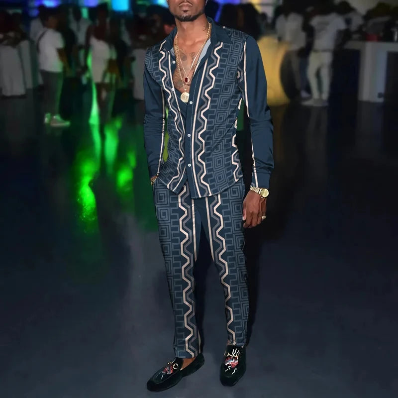 Retro Men's Shirt Suits 3D Luxury Print Fashion Men Casual Breathable Men's Lapel Long Sleeve Shirt Long Pants2 Pcs Set