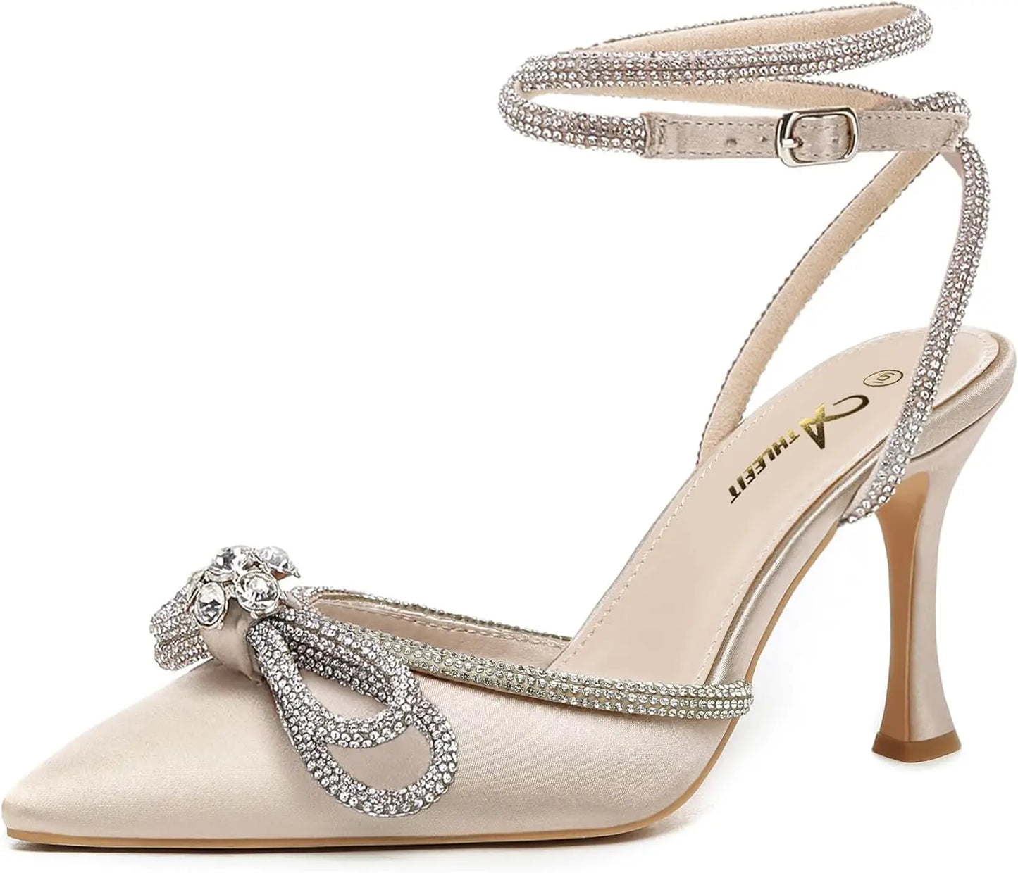 Rhinestone Bow Heels Ankle Strap Pointed Toe Stiletto Heeled Sandals