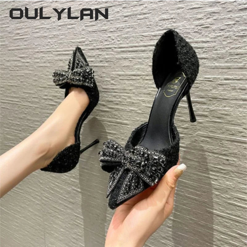 Fashion Pearl Crystal Bowtie Shoes  Designer High Heels Pumps Ladies Thin Heeled Party Shoes