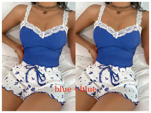 Women 2pc Pajama Set Pink Lace Patchwork V-Neck Sleepwear Sexy Nighties Suit Cami Top Printed Shorts