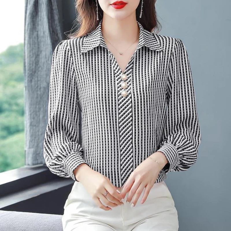 Striped Print  Office  Business Casual Shirt Spring Autumn Long Sleeve