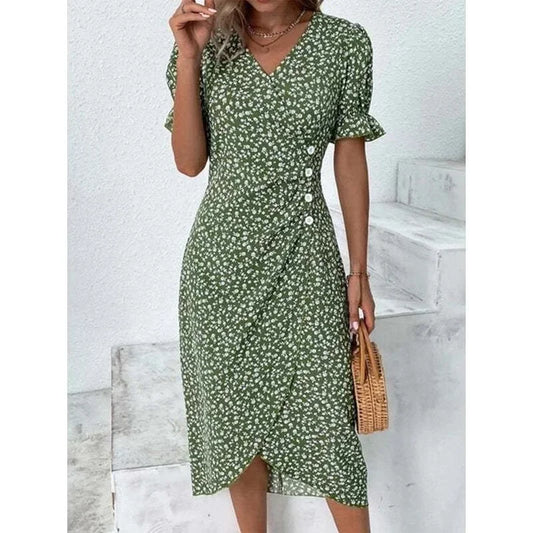Elegant Floral Pleated H shaped Midi Dress Female V Neck Puff Sleeve Waist Ruched Button Dresses Women Summer Dress