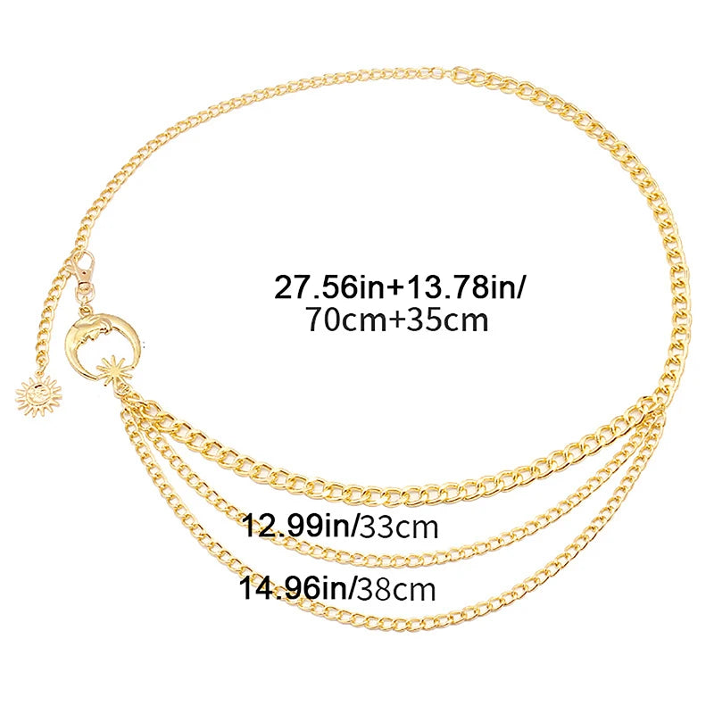 Women Waist Chain Belt for Dress Skirt Belts with Moon Star Waistbands Gold Silver Ladies Clothing Accessories