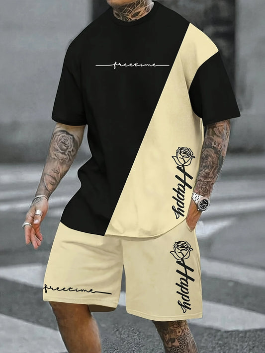 Men's T-Shirt Basic Print T-Shirt Casual Summer Short Sleeve Shirt Top and Drawstring Shorts Set