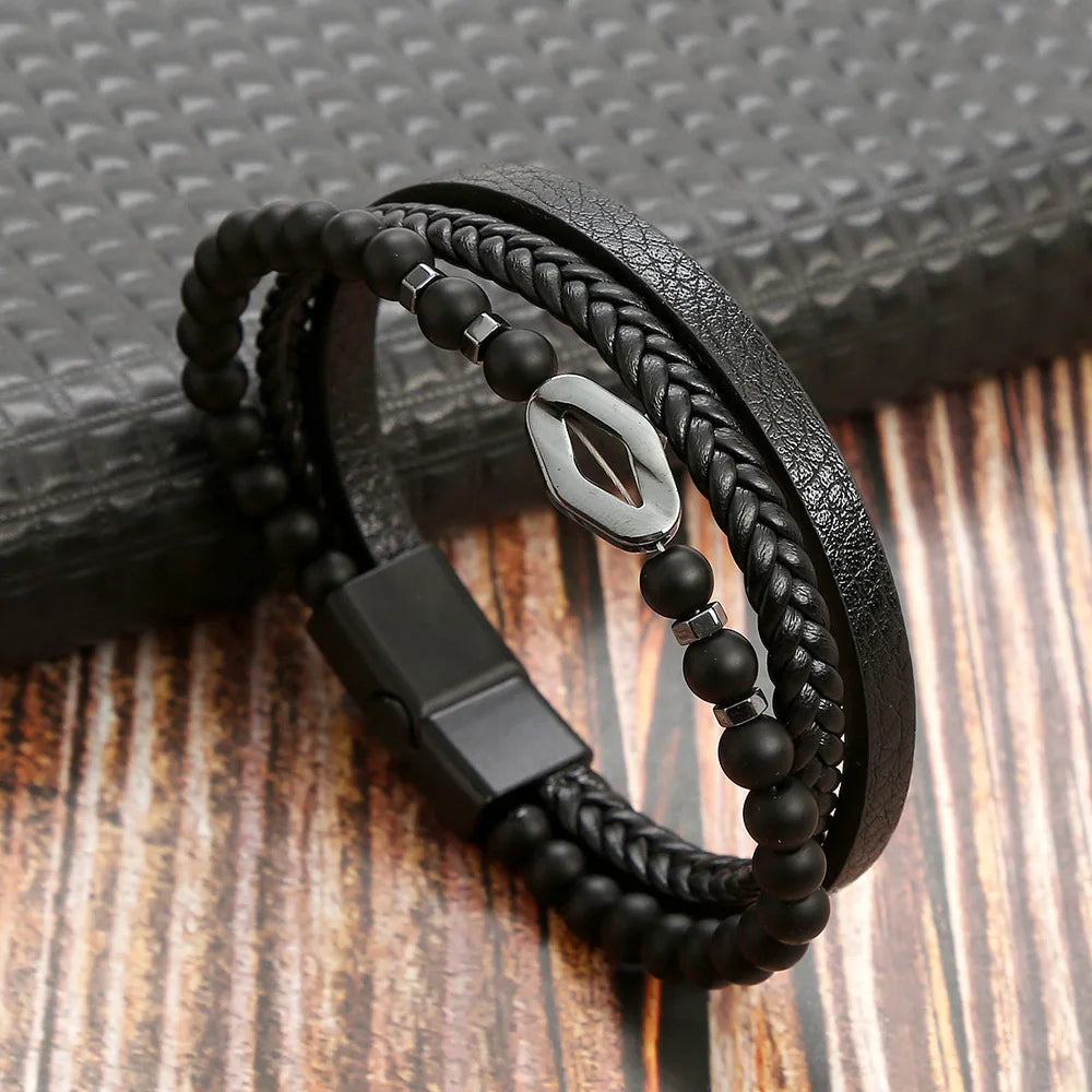 Hot Fashion Beads Leather Bracelet Men Classic Tiger Eye Beaded Multi Layer Leather Bracelet For Men Jewelry