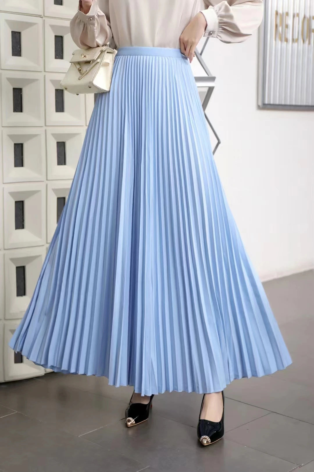 Elegant Pleated Skirt High Waist Women's Long Skirt Ladies High Quality Midi Skirt
