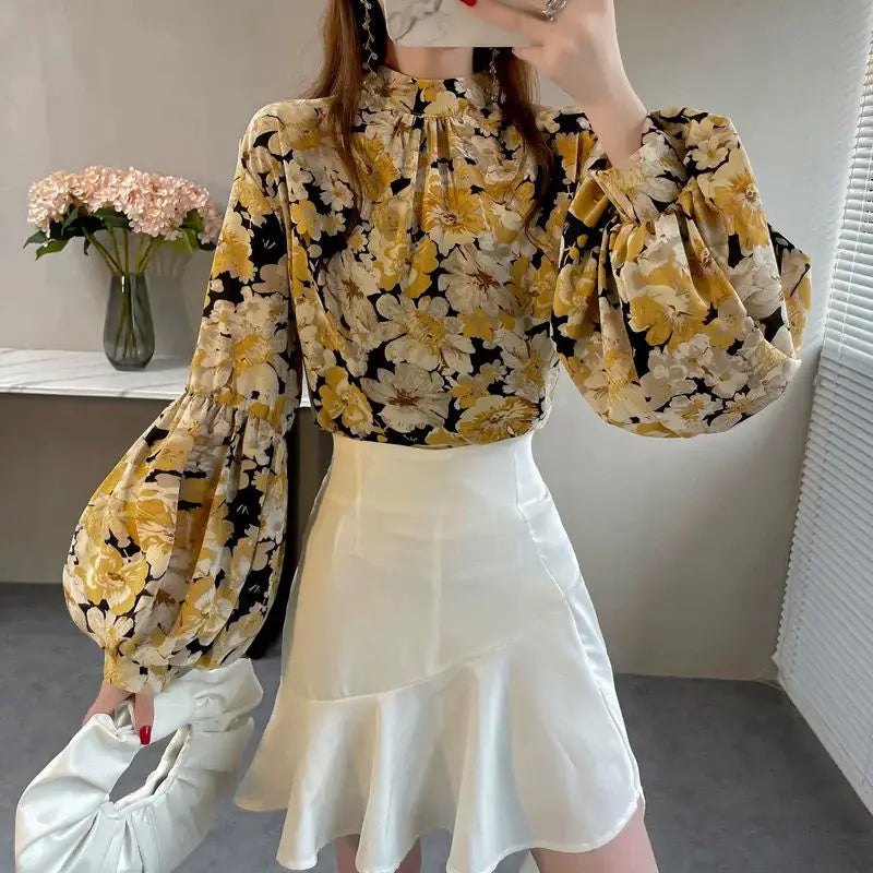 Floral Printed Lantern Sleeve Blouse Spring Autumn