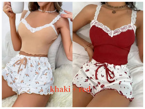 Women 2pc Pajama Set Pink Lace Patchwork V-Neck Sleepwear Sexy Nighties Suit Cami Top Printed Shorts