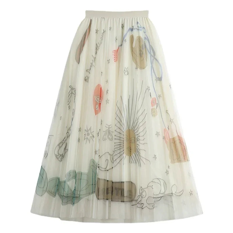 Casual Graffiti Print Pleated Midi Skirt